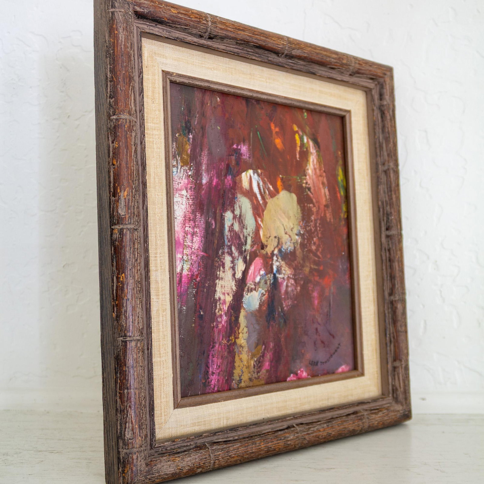 Signed Purple Pink Mauve Abstract Polychrome Painting in Faux Bamboo Frame - 7
