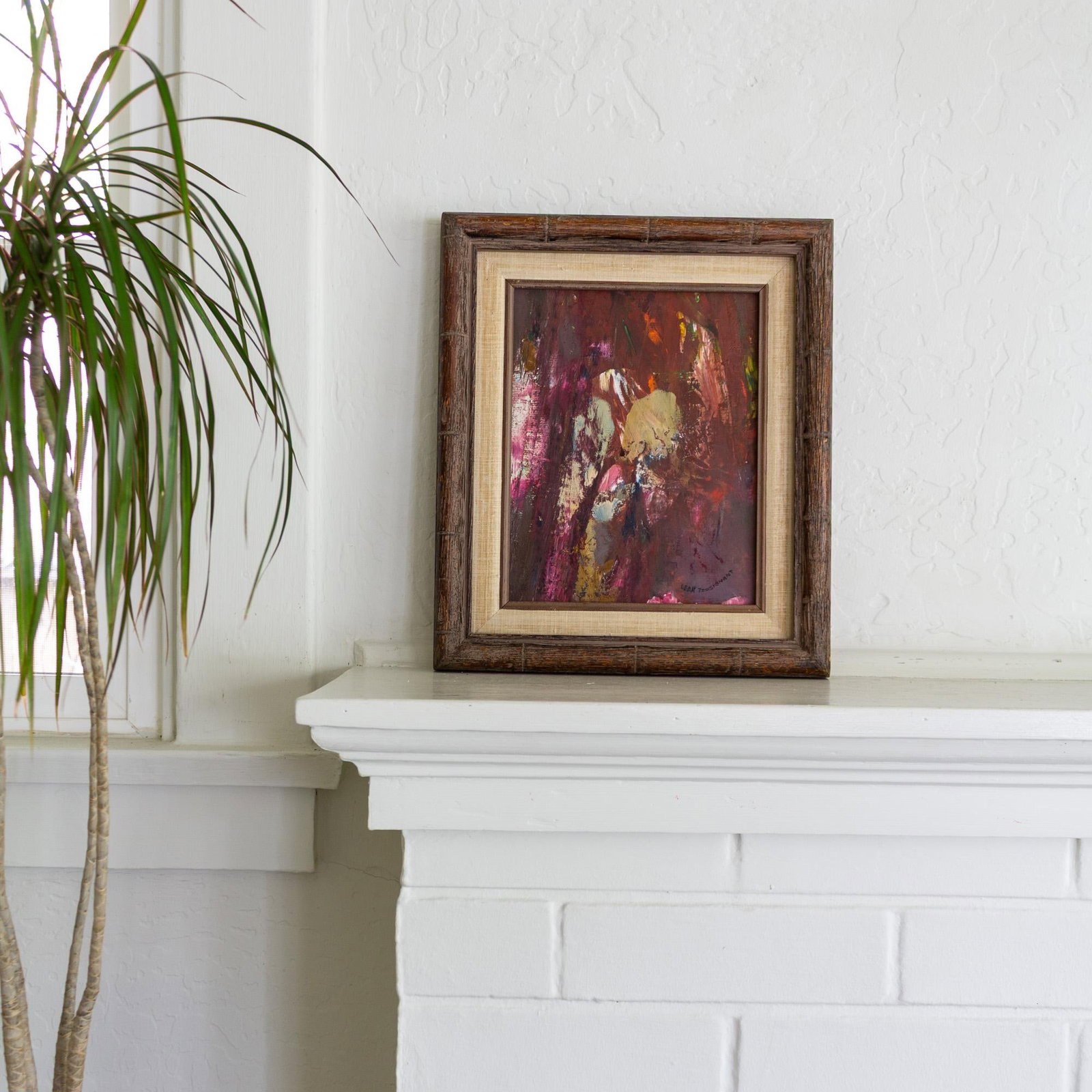 Signed Purple Pink Mauve Abstract Polychrome Painting in Faux Bamboo Frame - 8