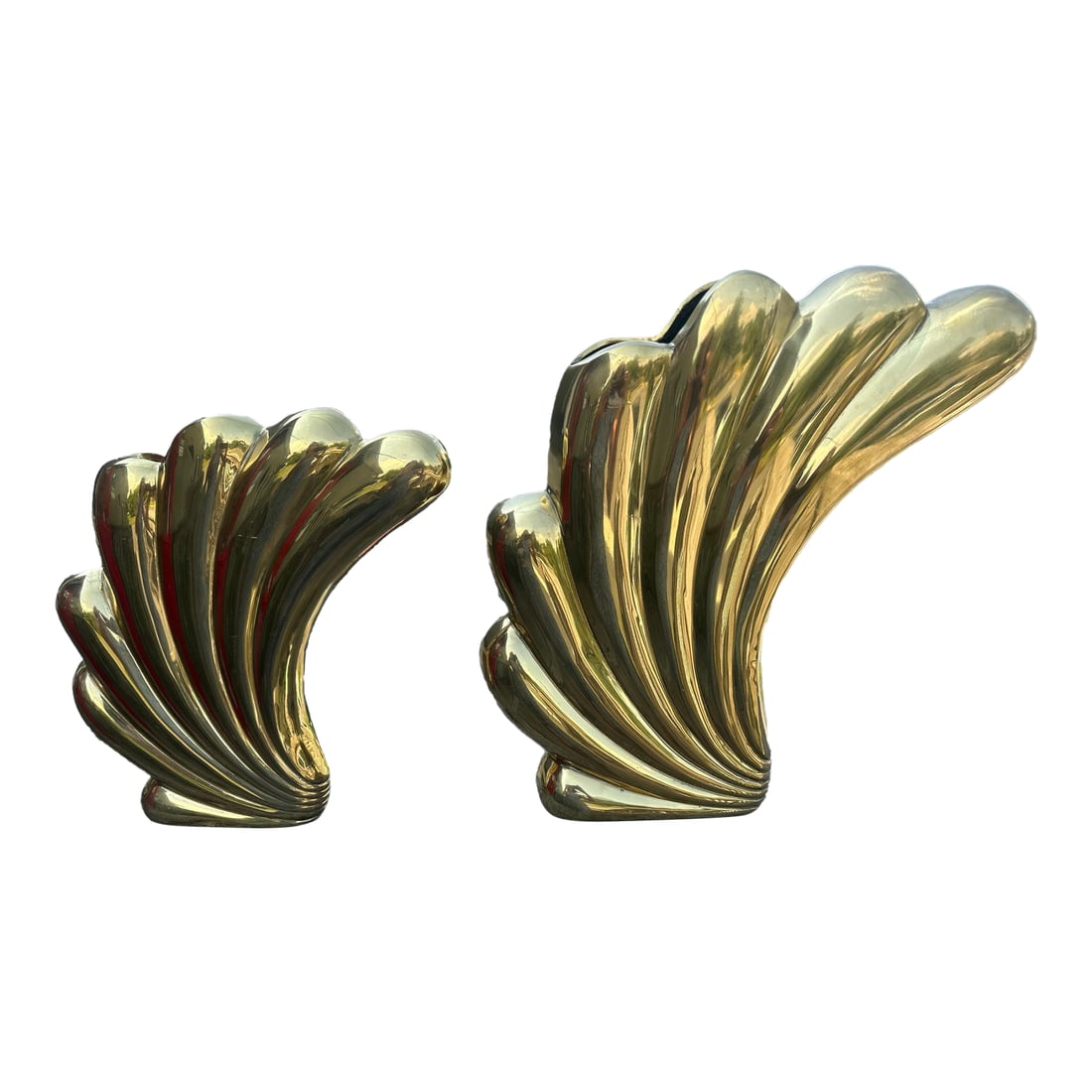 1980s Dolbi Cashier Cast Brass Vases -a Pair: Beautiful pair of Dolbi Cashier sensually shaped cast pair of vases having an art deco vibe. Small is 12 w 12 h 2 d Large 16 w 15.5 h 2.5 d CD Condition: Alterations: Original Condition Unaltered