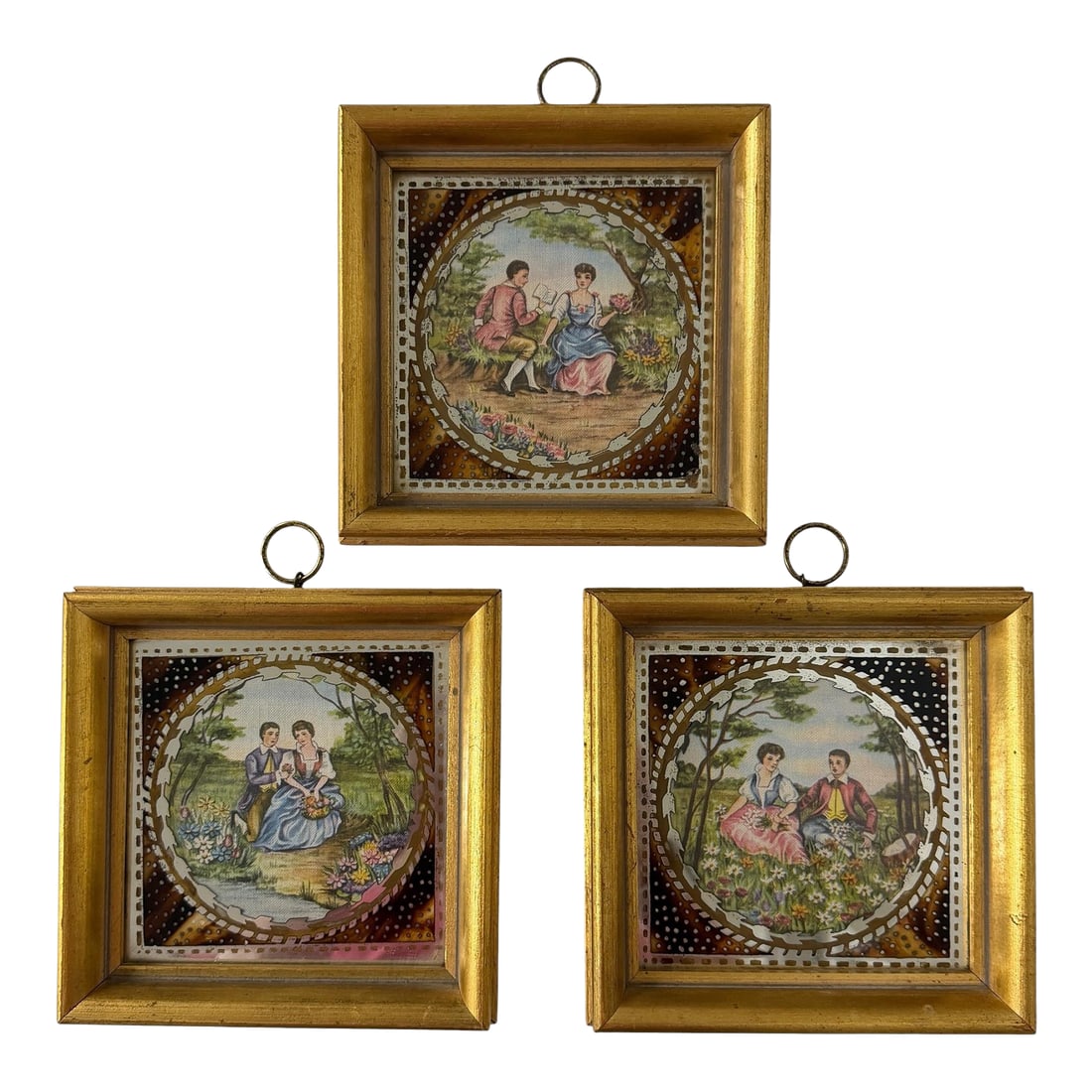 Early 20th Century Silk Embroidered Courting Couples Pastoral Scene Protected by Reverse Painting on (1 of 9)