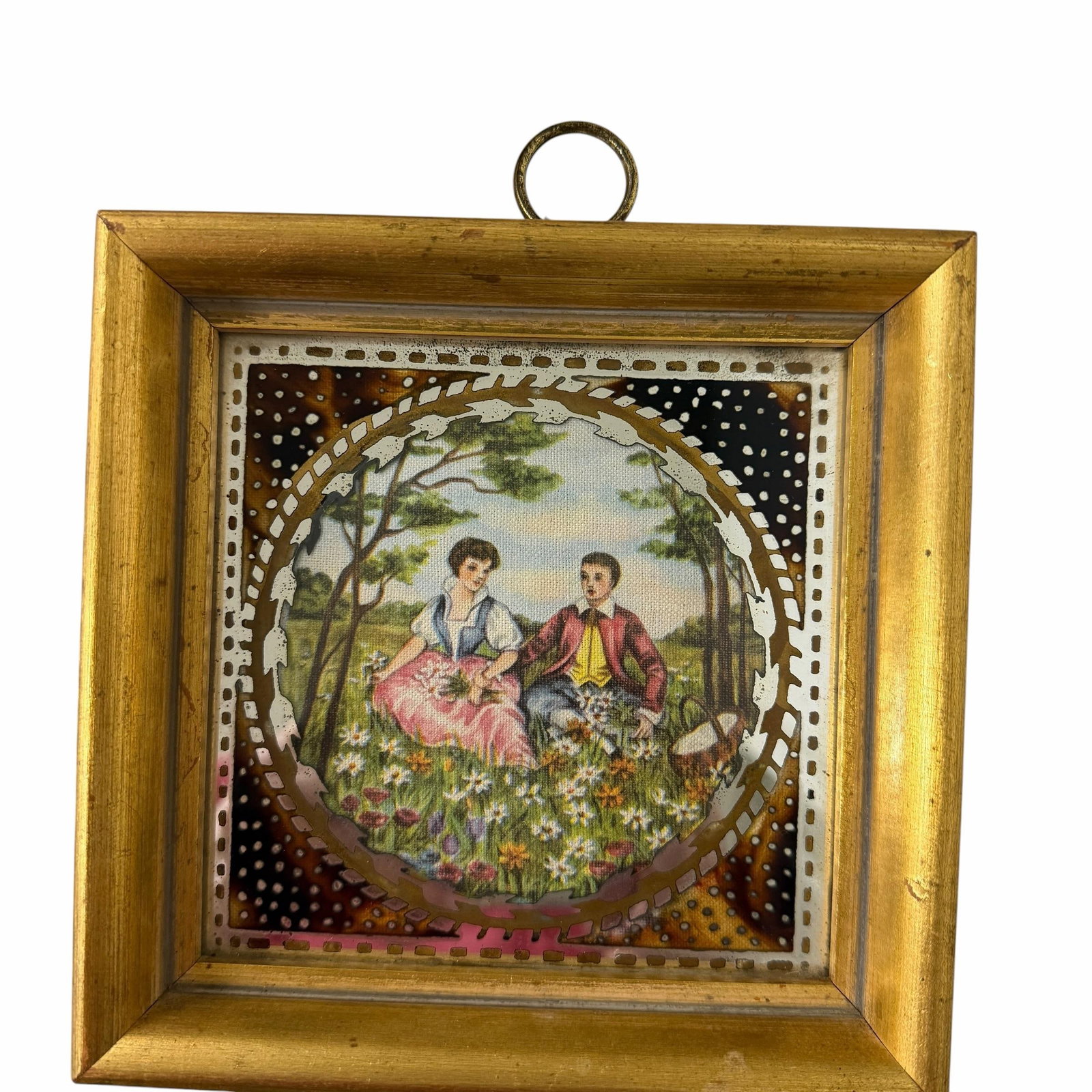Early 20th Century Silk Embroidered Courting Couples Pastoral Scene Protected by Reverse Painting on - 2