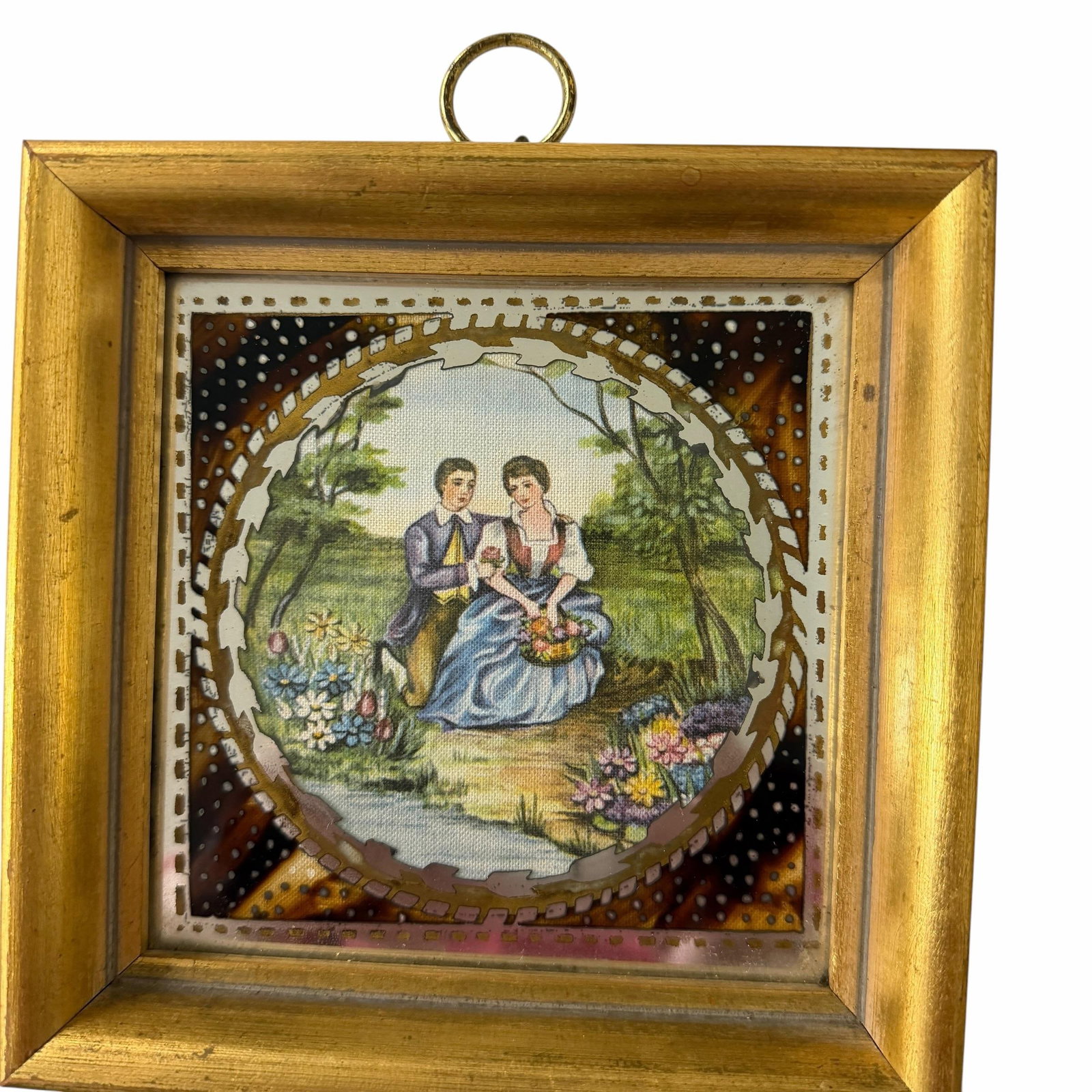 Early 20th Century Silk Embroidered Courting Couples Pastoral Scene Protected by Reverse Painting on - 3
