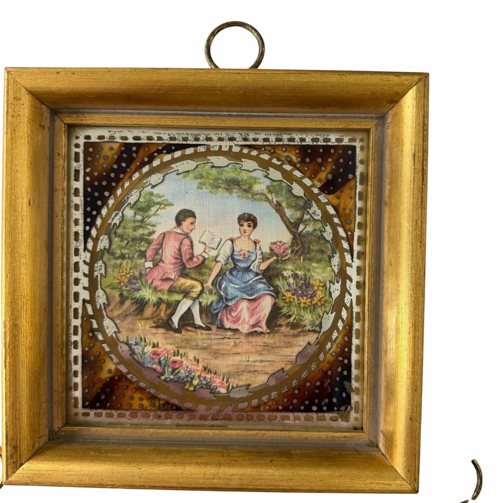 Early 20th Century Silk Embroidered Courting Couples Pastoral Scene Protected by Reverse Painting on - 4