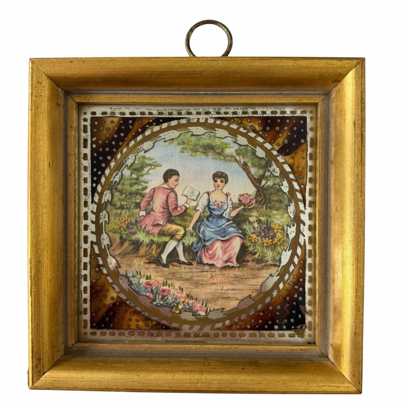 Early 20th Century Silk Embroidered Courting Couples Pastoral Scene Protected by Reverse Painting on - 5