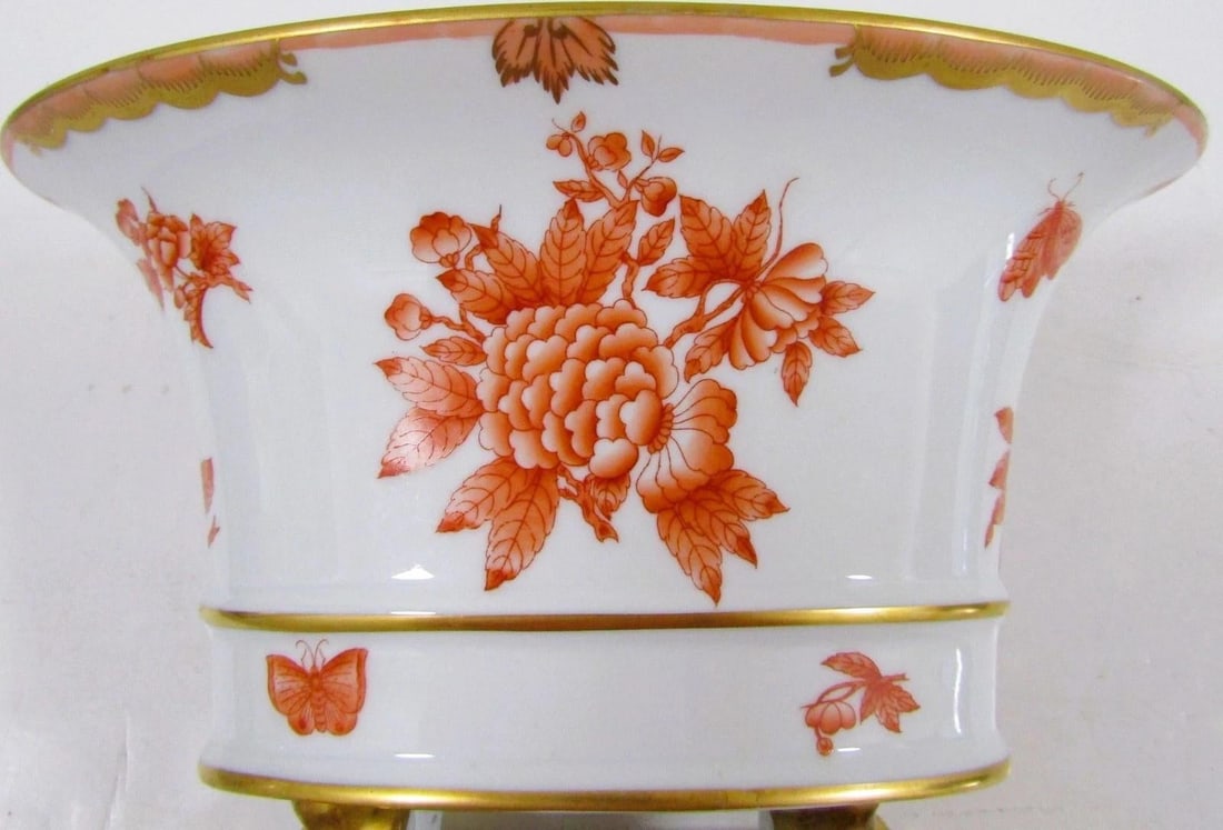 1940s Herend Porcelain Claw Footed Hand Painted Chinese Bouquet Rust Apponyi Orange Vase - 13