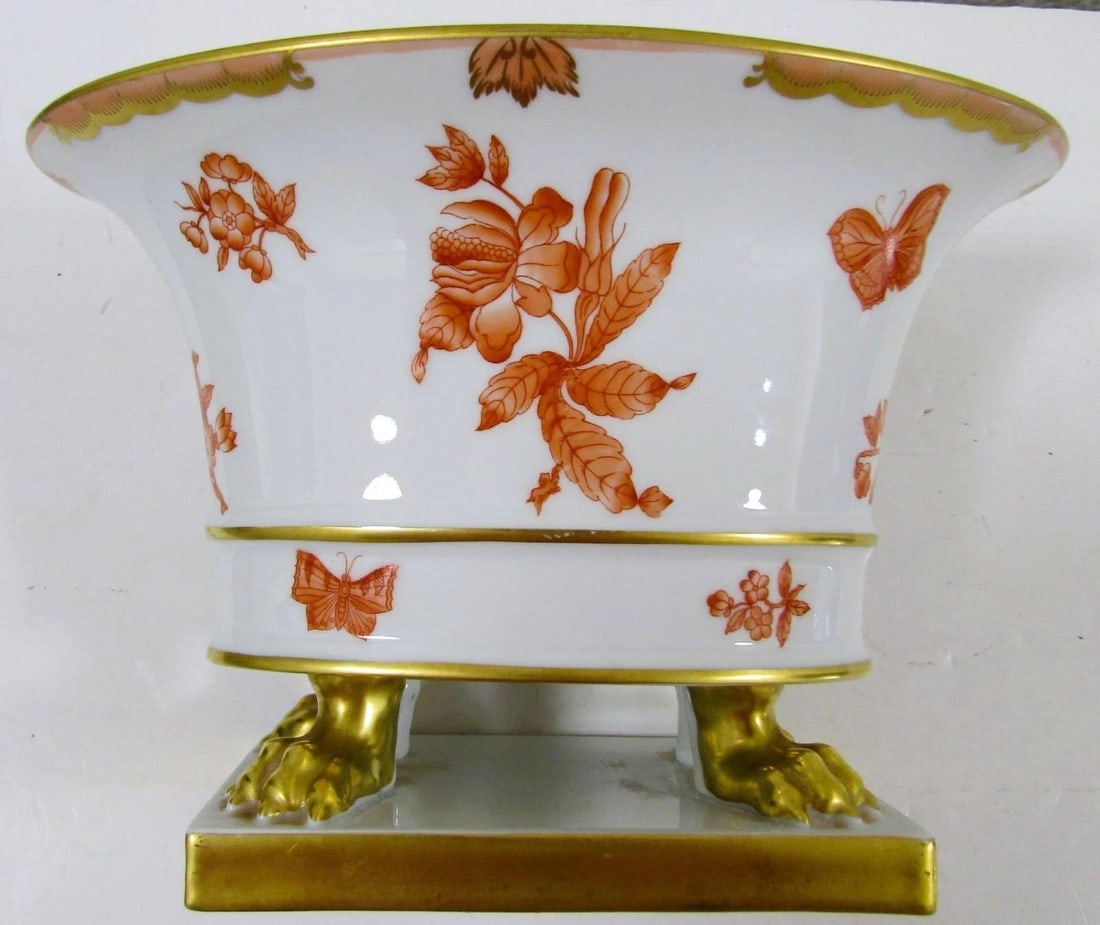 1940s Herend Porcelain Claw Footed Hand Painted Chinese Bouquet Rust Apponyi Orange Vase - 14