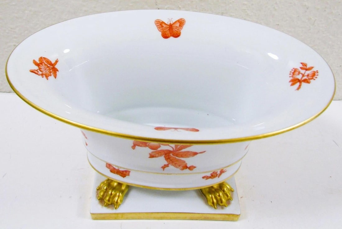 1940s Herend Porcelain Claw Footed Hand Painted Chinese Bouquet Rust Apponyi Orange Vase - 2