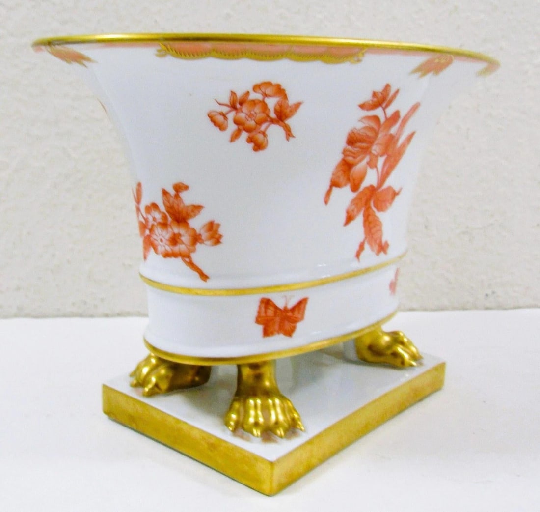 1940s Herend Porcelain Claw Footed Hand Painted Chinese Bouquet Rust Apponyi Orange Vase - 3