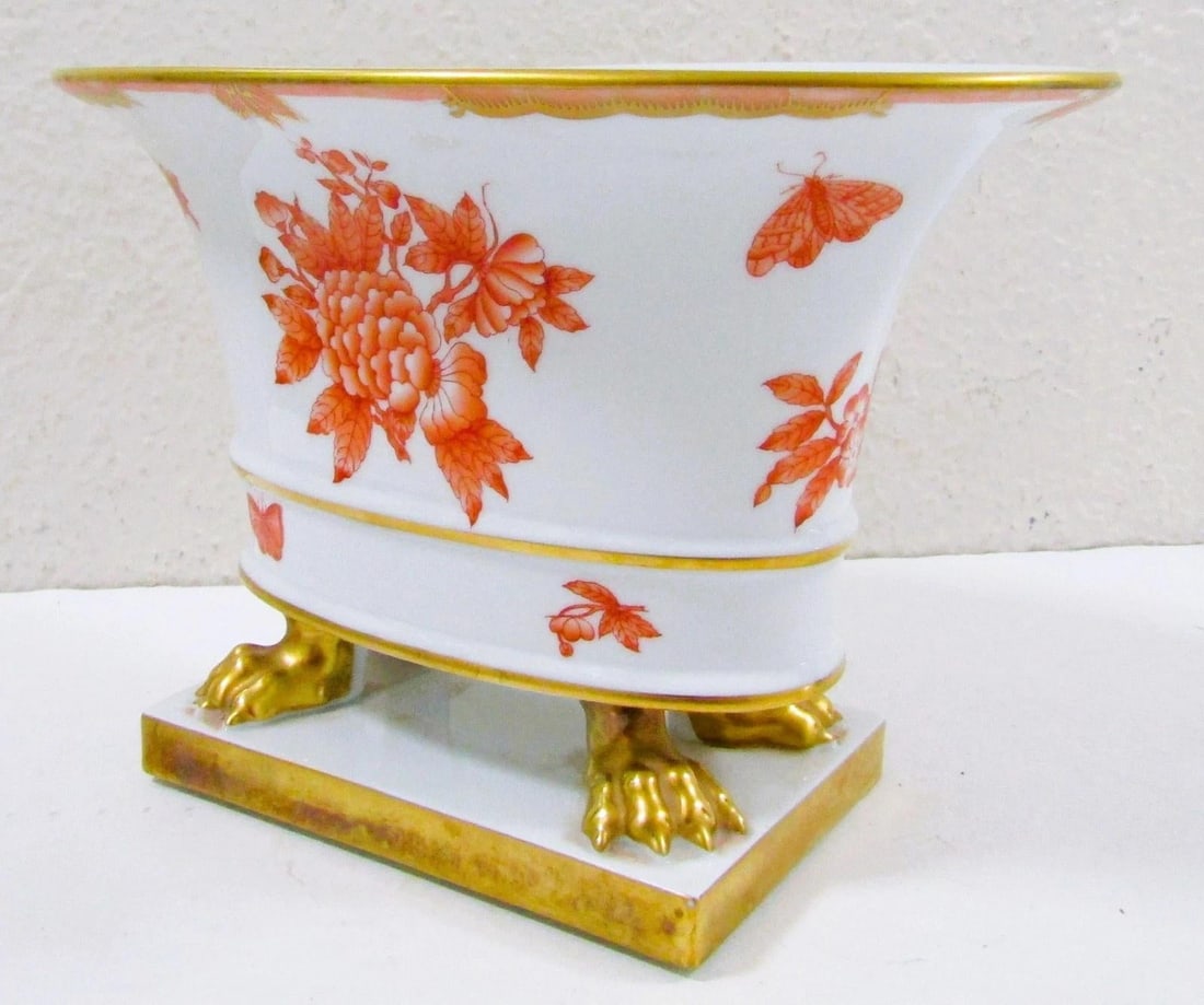 1940s Herend Porcelain Claw Footed Hand Painted Chinese Bouquet Rust Apponyi Orange Vase - 5