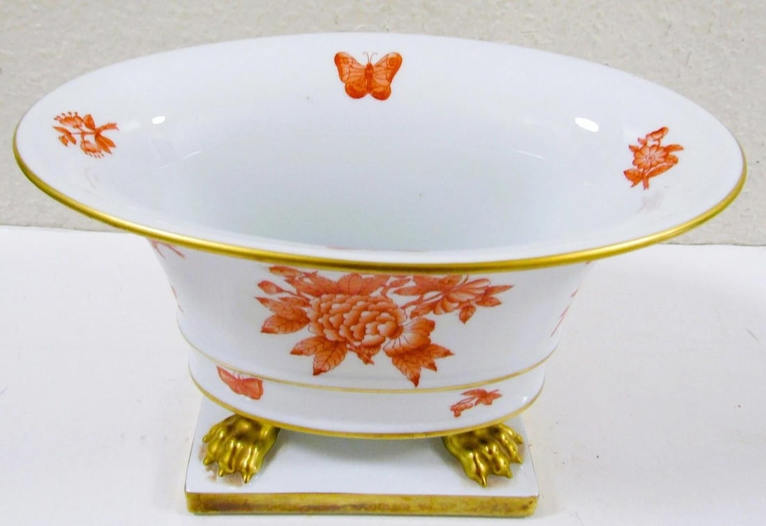 1940s Herend Porcelain Claw Footed Hand Painted Chinese Bouquet Rust Apponyi Orange Vase - 6