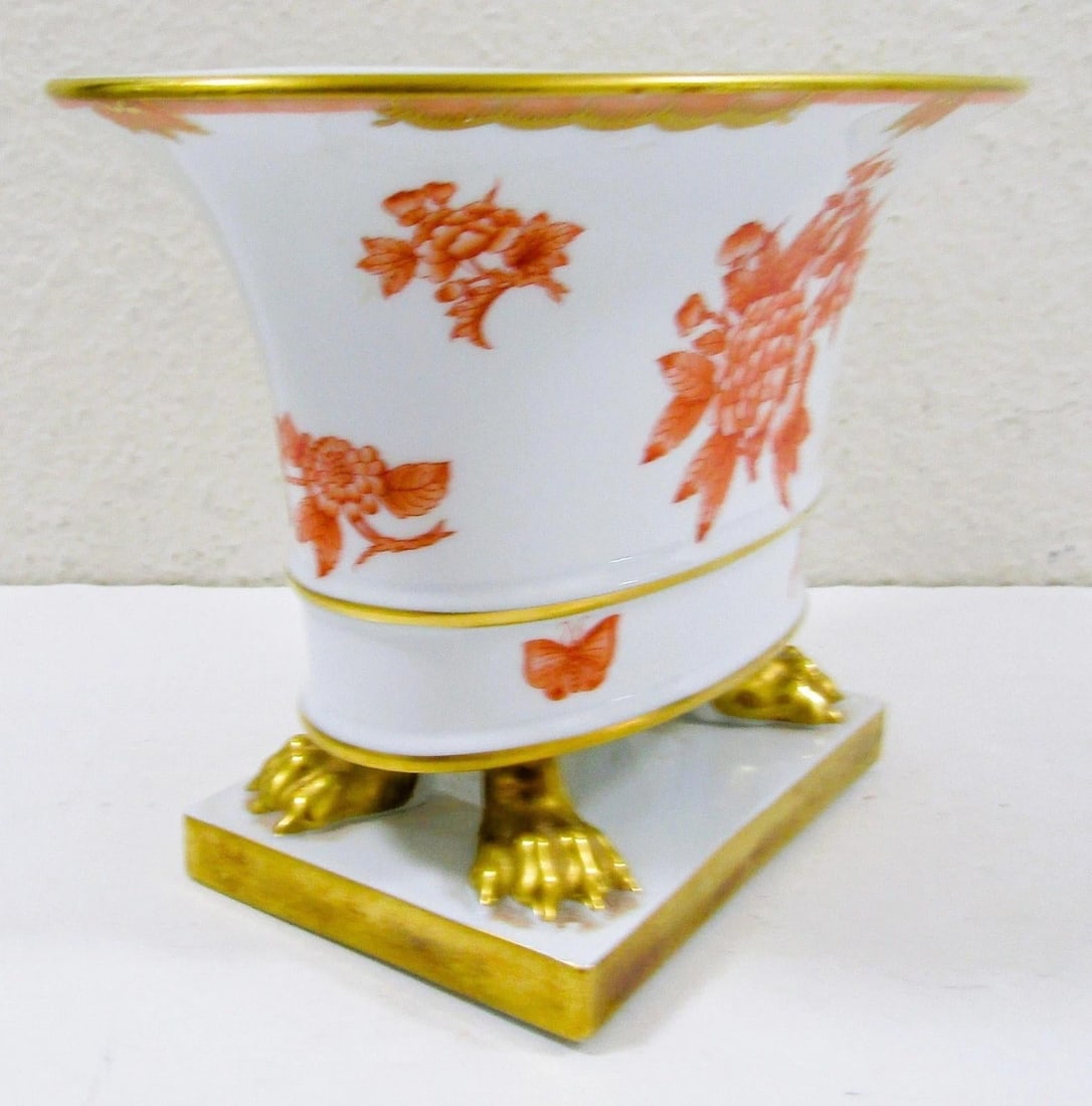 1940s Herend Porcelain Claw Footed Hand Painted Chinese Bouquet Rust Apponyi Orange Vase - 7