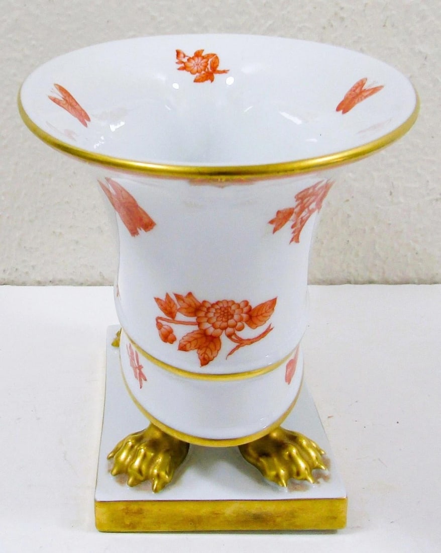 1940s Herend Porcelain Claw Footed Hand Painted Chinese Bouquet Rust Apponyi Orange Vase - 8