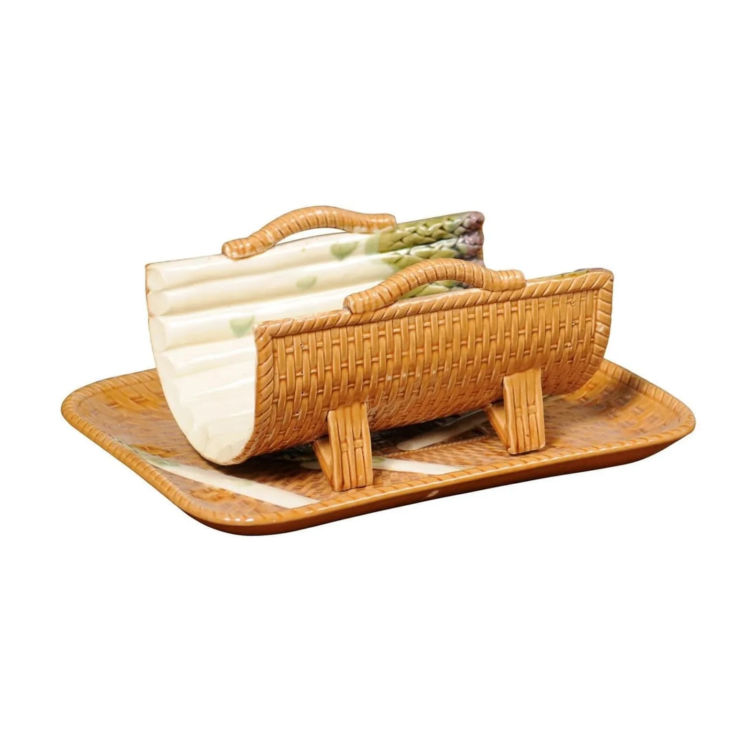 French 19th Century Majolica Asparagus Tray with Cradle and Wicker Motif - 13