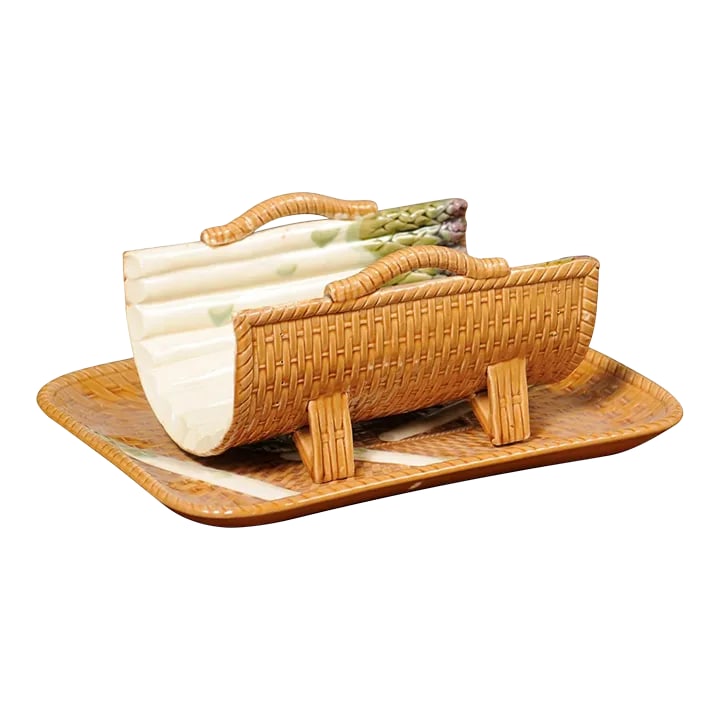 French 19th Century Majolica Asparagus Tray with Cradle and Wicker Motif (1 of 13)