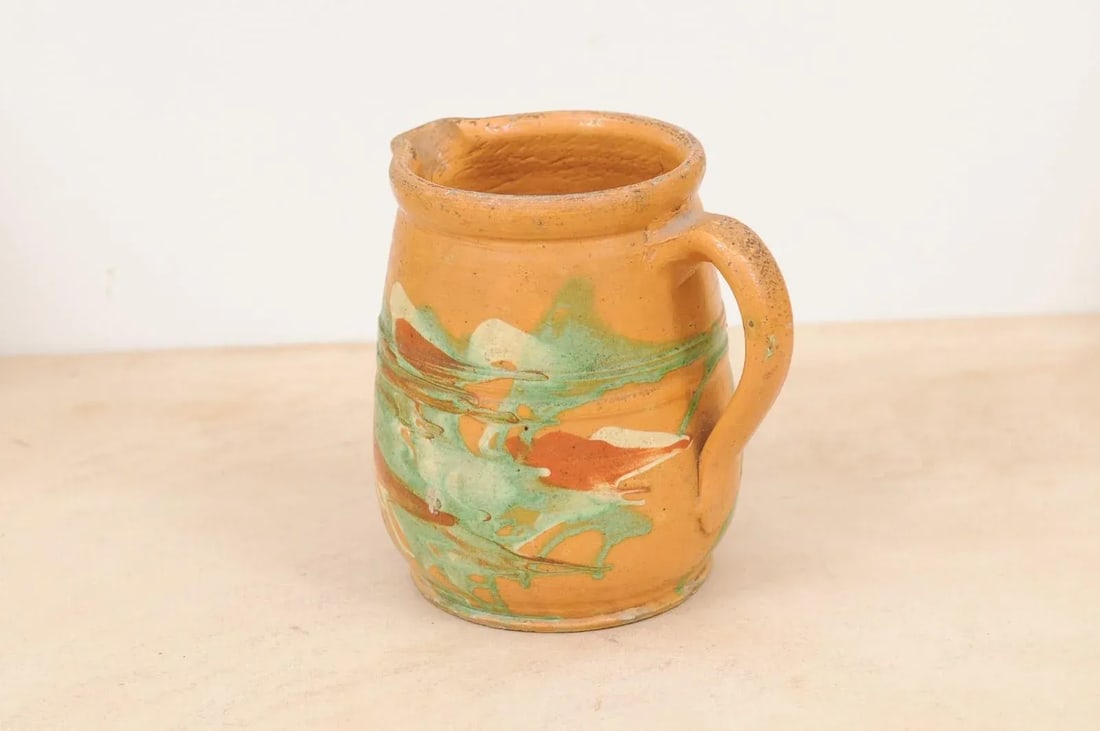19th Century French Jaspe Pottery Pitcher with Yellow Glaze and Green Accents - 11