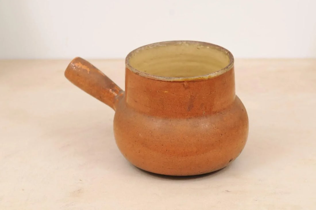 19th Century Rustic French Pottery Pot with Brown Glaze and Straight Handle - 5