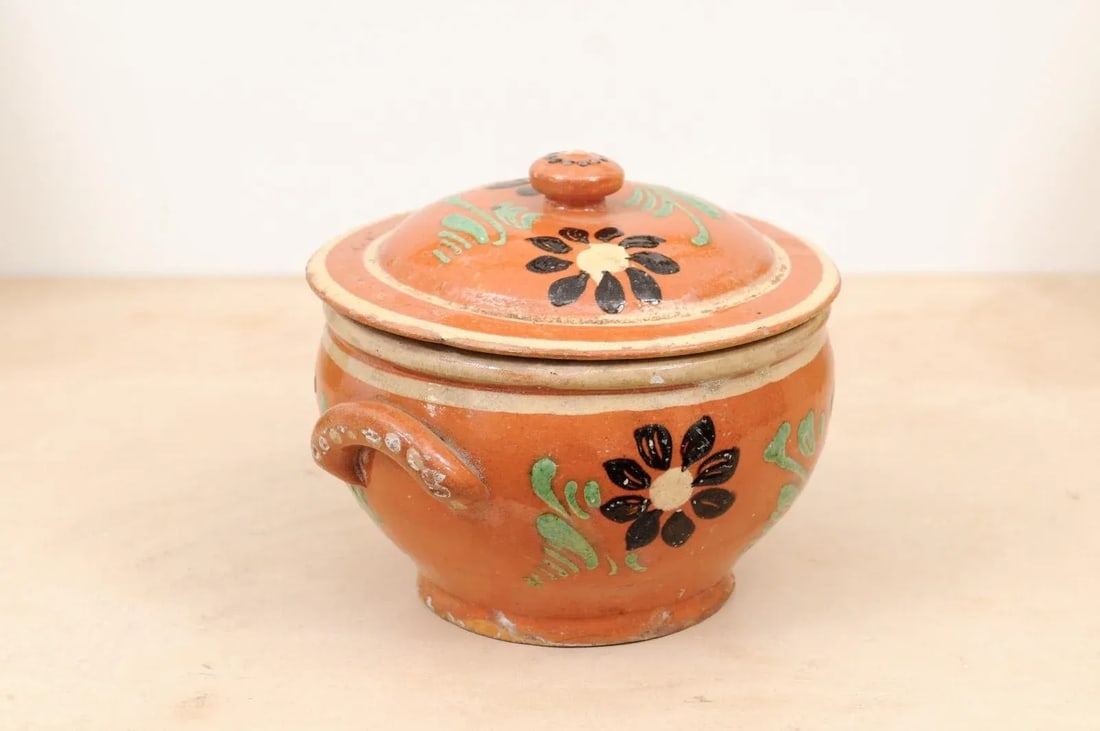19th Century Rustic French Glazed Terracotta Covered Baking Dish with Flowers - 11