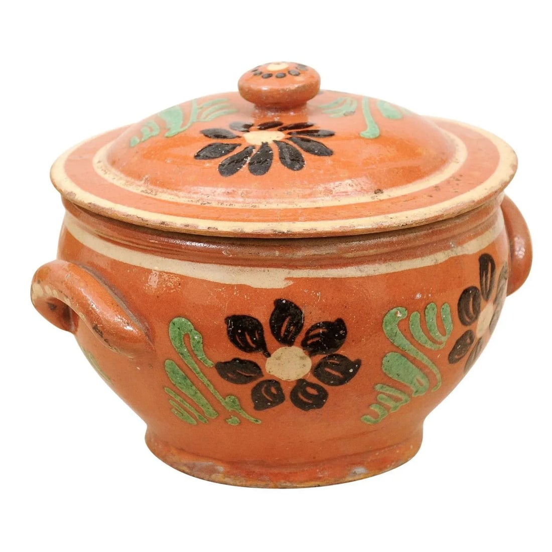19th Century Rustic French Glazed Terracotta Covered Baking Dish with Flowers - 13