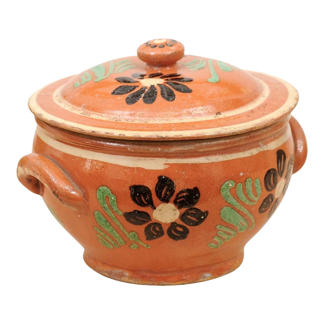 19th Century Rustic French Glazed Terracotta Covered Baking Dish with Flowers (1 of 13)