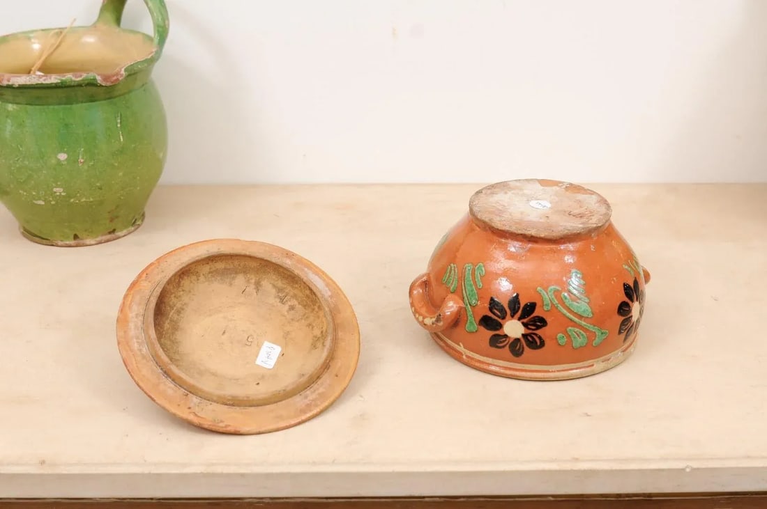 19th Century Rustic French Glazed Terracotta Covered Baking Dish with Flowers - 4