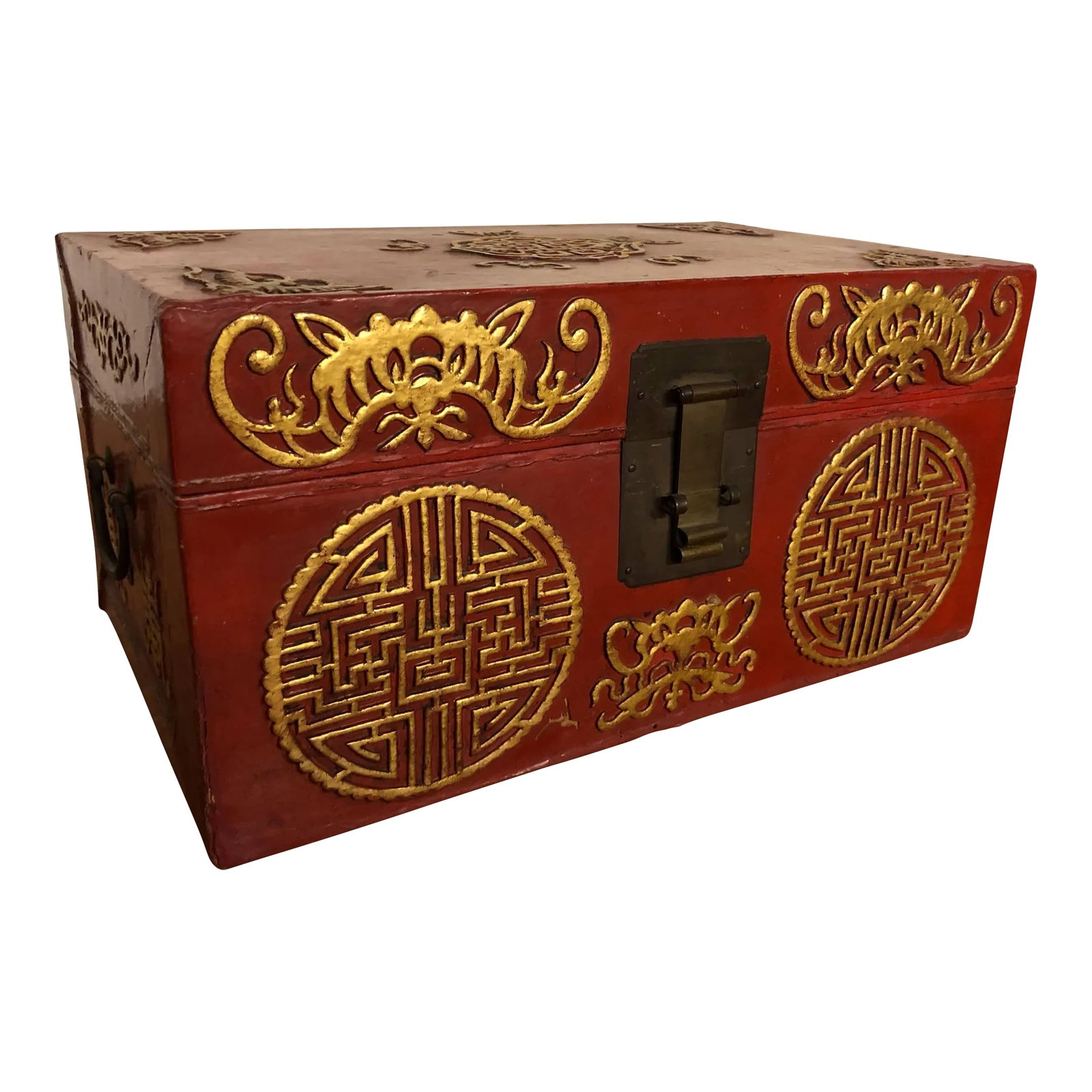 Vintage Pigs Leather Lacquered Box With Gilt Accents: Vintage pigs leather lacquered box with gilt accents and metal latch and handles. This old Chinese leather box has a red lacquer finish with gold designs and characters and a whole lot of patina. It