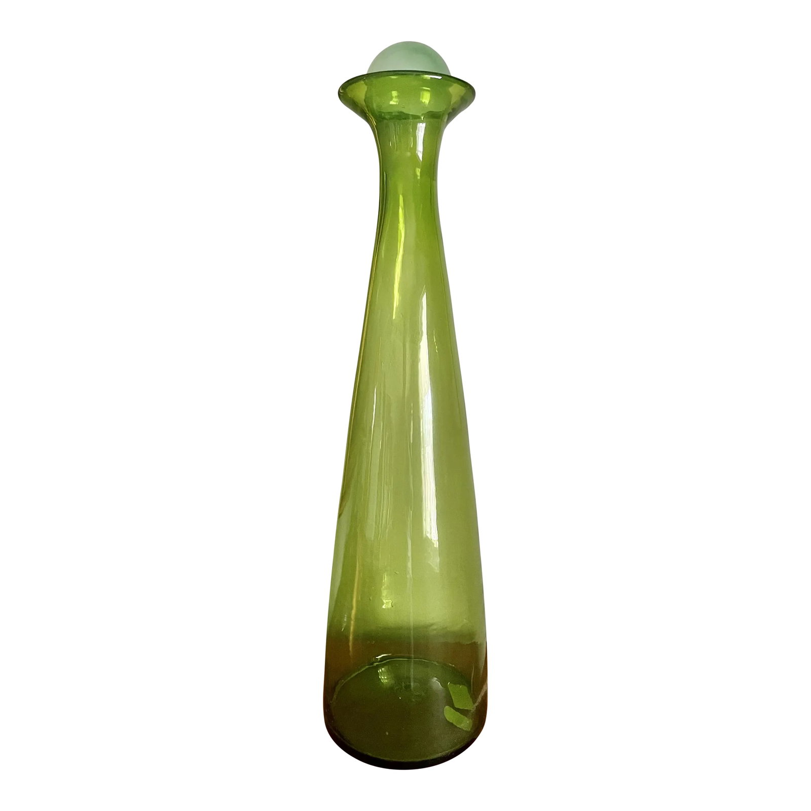 Mid-Century Olive Green Blenko Glass Bottle: This gorgeous olive green Blenko glass bottle with top is a true classic! Although Blenko is usually associated with Mid-Century Modernism, the company actually started in 1893. Originally named the