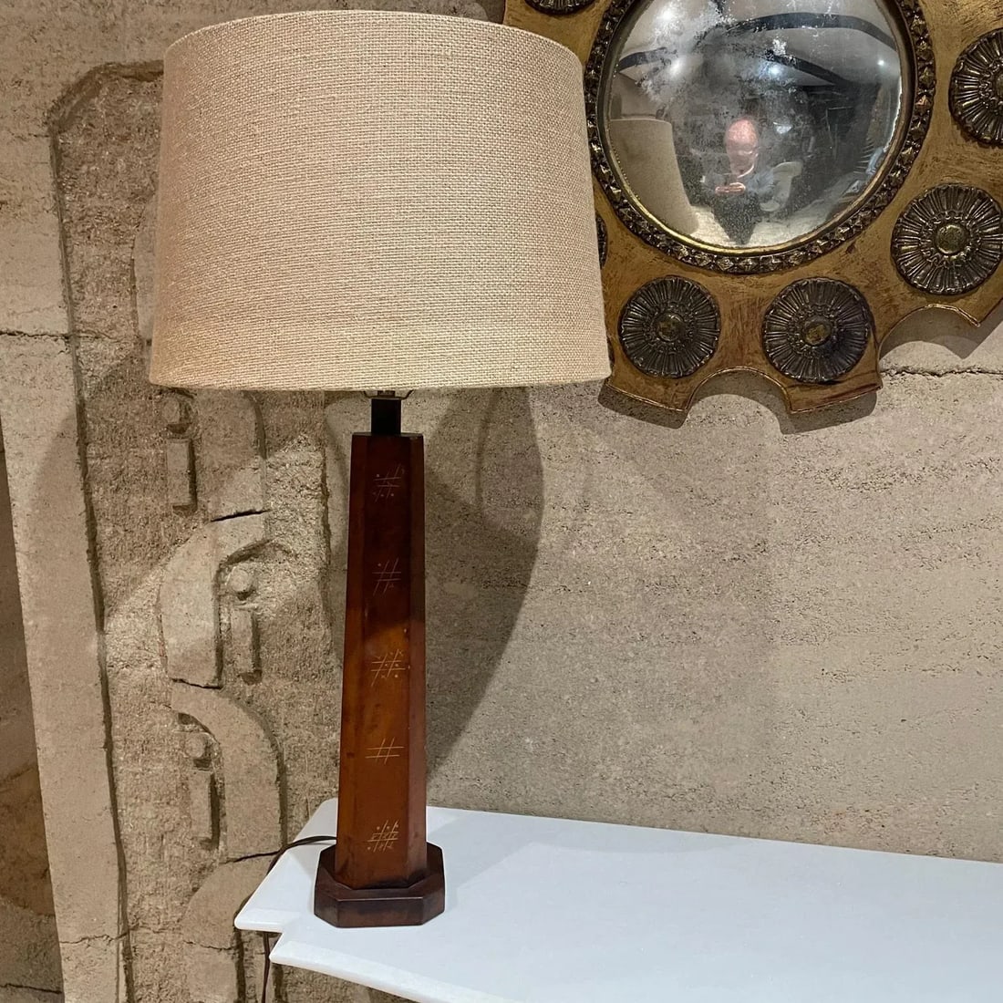 1950s Hand Painted Leather Table Lamp Tic-Tac -Toe Mexico - 6
