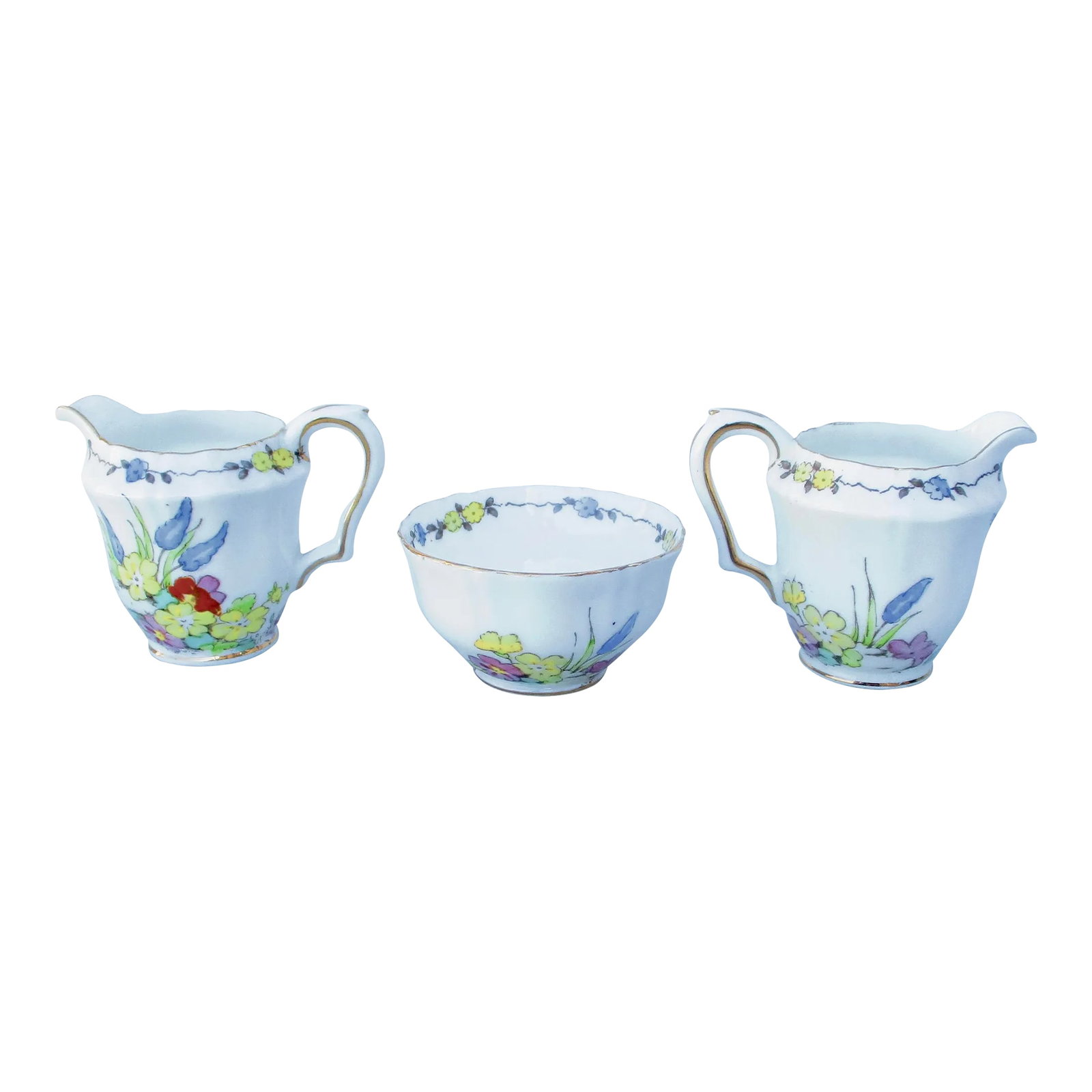 1930s Crown Staffordshire Demitasse Sugar and Creamers Set- 3 Pieces: English 30s' Demitasse sugar bowl with two creamers. Setting to serve tea and coffee with milk, cream, and sugar. Crown Staffordshire vintage 1930s. Small-scale Demitasse for a single server. The