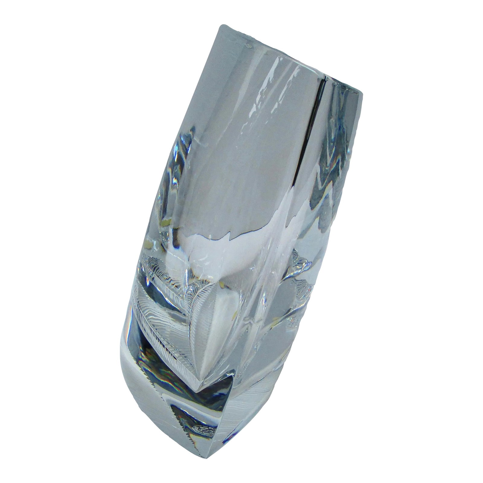 Late 20th Century Baccarat Crystal Leaning Vase: Unique Baccarat Crystal vase design with two base orientations. Wide and narrow body with base bevel angle in two directions to balance the upright angle at two different angle directions. Hallmarked
