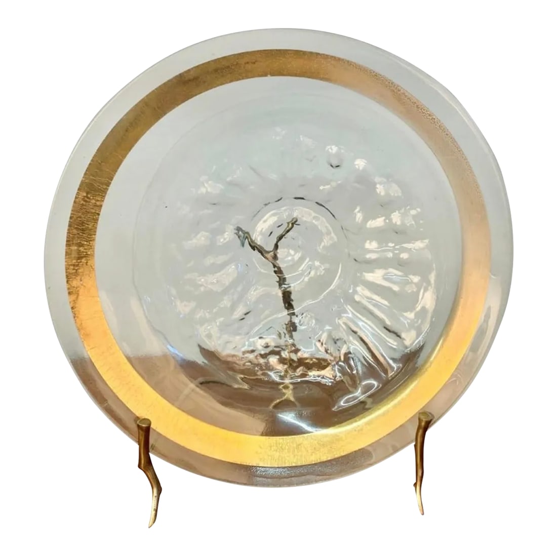 Signed Brass and Glass Platter With Stand: Beautiful glass thick platter with detailed design. Brass accent around the platter. Sitting on a brass branch style base. Excellent condition. Has signature on the base.