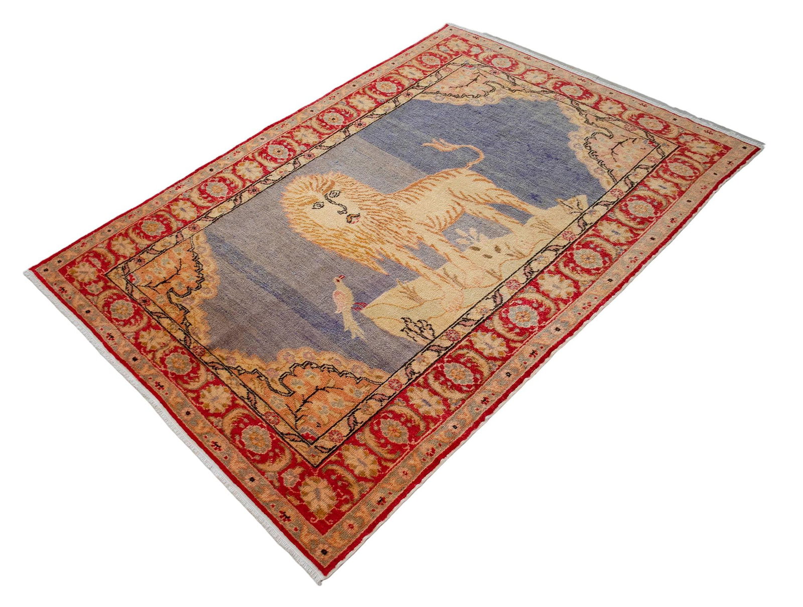1970s Vintage Turkish Rug Lion Pattern Hand Knotted Low Pile Wool Wall & Area Rug - 4'3" X 6'1" - 10
