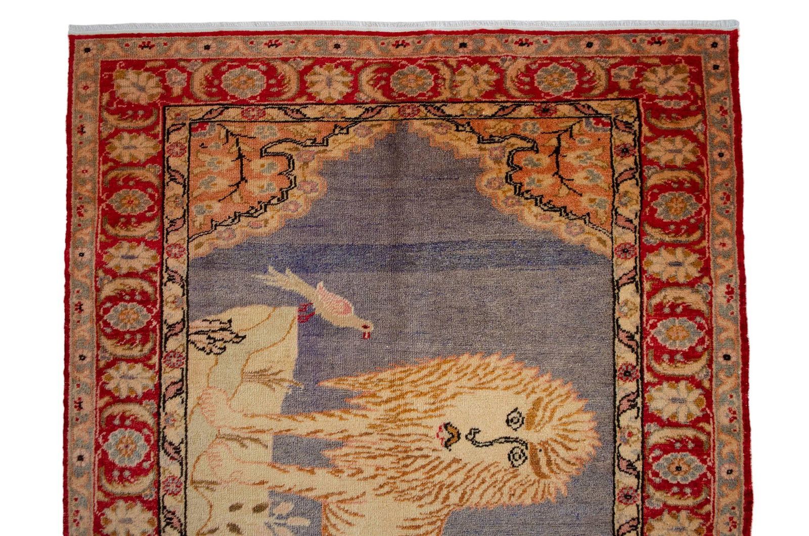 1970s Vintage Turkish Rug Lion Pattern Hand Knotted Low Pile Wool Wall & Area Rug - 4'3" X 6'1" - 11