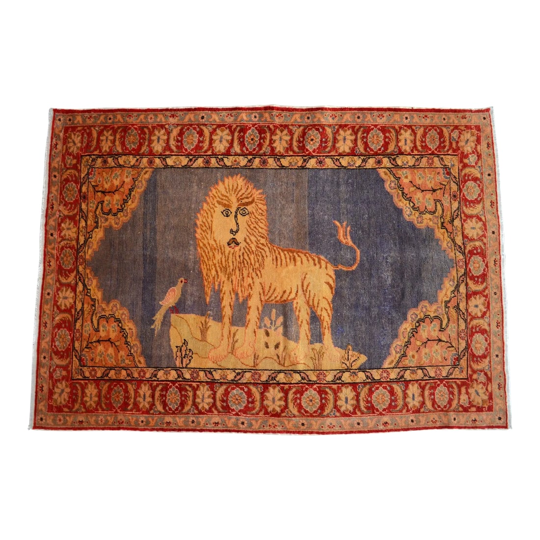 1970s Vintage Turkish Rug Lion Pattern Hand Knotted Low Pile Wool Wall & Area Rug - 4'3" X 6'1": Offered is a gorgeous and rare Turkish vintage rug, made in Anatolia approximately 50-60 years ago. The rare wool on cotton low pile rug features a lions symbolizing Power. patterns on a wavy blue