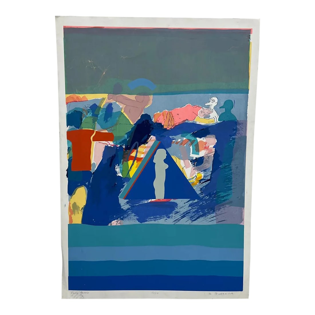 1960s Whimsical Nude Art Blue Lithograph Ca Artist D Borthwick: AMBIANIC presents Whimsical Modern Nude Vintage Art Blue Lithograph artist Donald Borthwick signed and numbered 10/20 artist Donald Borthwick California 23 w x 33.25 Preowned unrestored vintage