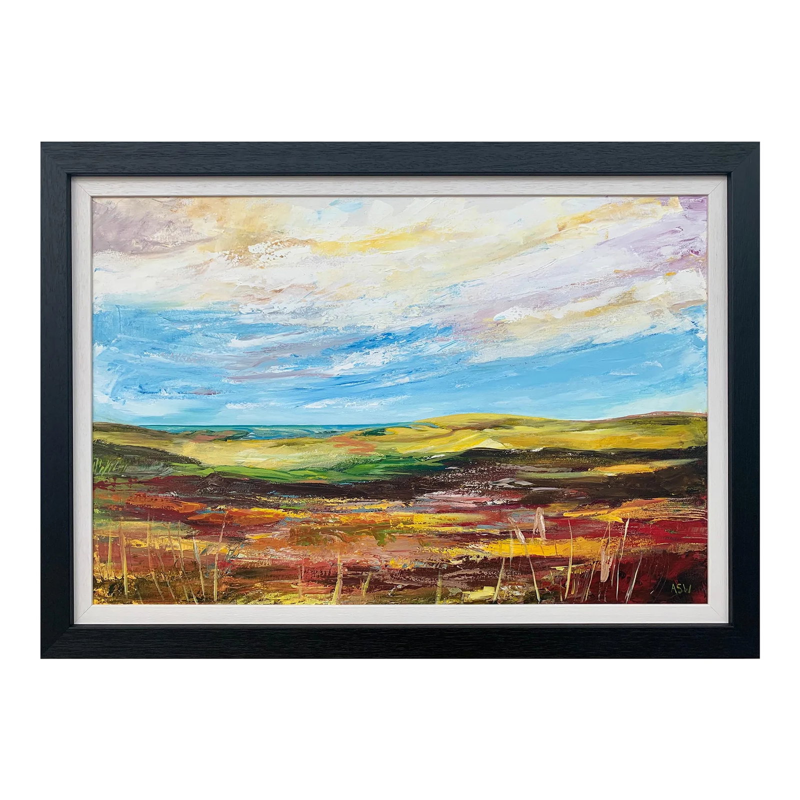 Colourful Abstract Landscape Painting of English Countryside - Unique Original Art by Contemporary B: Colourful Abstract Landscape Painting of the English Countryside by Leading Contemporary British Artist, Angela Wakefield Art measures 30 x 20 inches Frame measure 35 x 25 inches Angela Wakefield has 