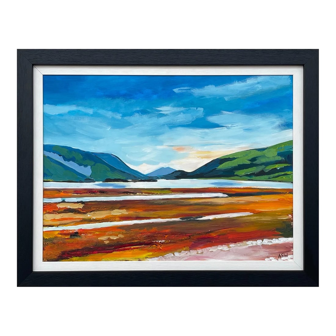 Colourful Abstract Landscape Painting of Scottish Highlands - Unique Original Art by Contemporary Br: Colourful Abstract Landscape Painting of Glencoe in the Scottish Highlands by Leading Contemporary British Artist, Angela Wakefield Art measures 24 x 18 inches Frame measure 29 x 23 inches Angela Wake