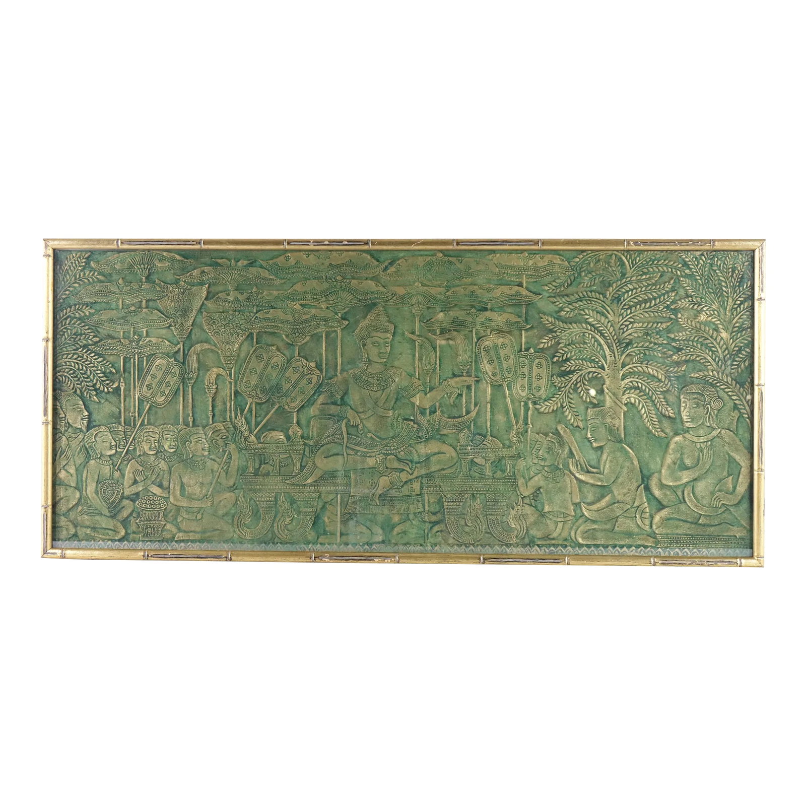 The Emperor - Antique Monochromatic Large Asian Original Relief Print: This stunning antique relief print, titled "The Emperor," presents a breathtaking portrayal of imperial serenity, beautifully crafted in a monochromatic green hue. The intricacy of the scene