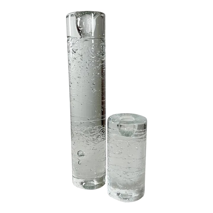 1970s Candle Holders Arkipelago Round Ice Glass Timo Sarpaneva Iittala Finland: AMBIANIC presents 1970s Pair of Sculpturally Modern Candle Holders Arkipelago Round Ice Glass by Timo Sarpaneva Iittala Finland Tall holder 11.88 x 2.63 diameter Short candle holder 5.25 tall 2.63