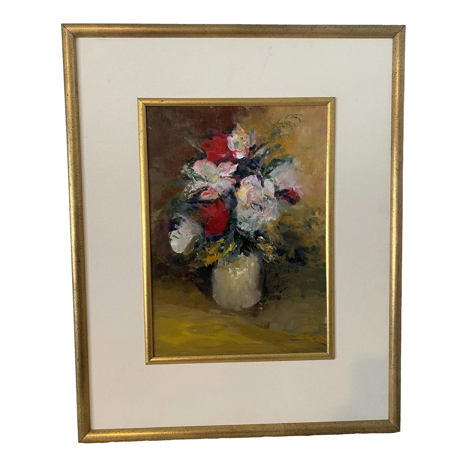 1980s H. Guerrant Impressionist Style Still Life Oil Painting, Framed: This stunning still-life by H Guerrant features a beautiful impressionist style. The vivid reds and whites of the flowers pop against the golden background, while the white vase adds a touch of