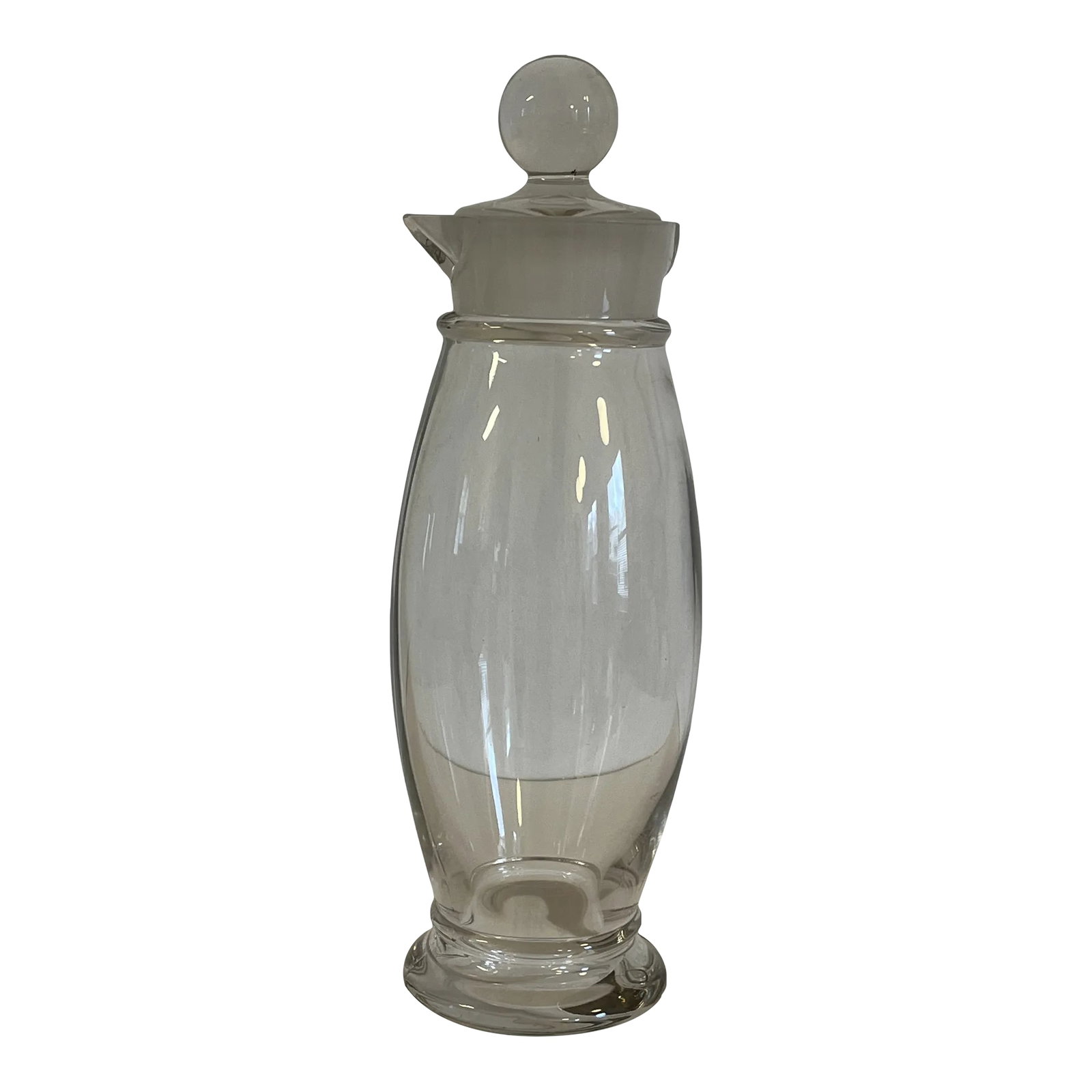 1940s Cambridge Glass Company Vintage Cocktail Shaker: Mid twentieth century vintage heavy glass cocktail shaker with round ball top , frosted edge to the collar with two pour spout areas . The top has cut grooves to each end for shots or pours .. Teeny
