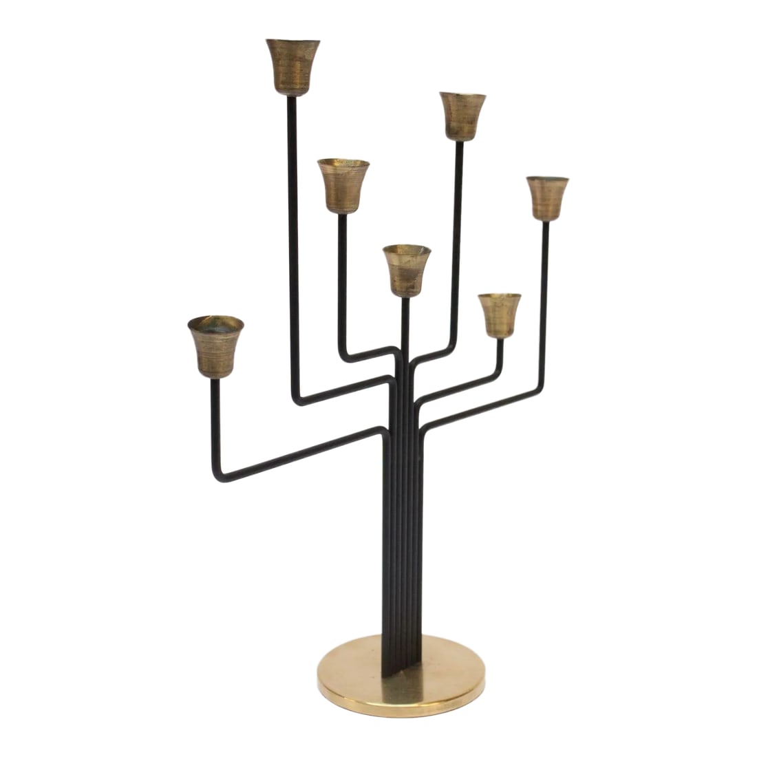 Danish Modern Seven-Arm Brass Candelabrum by Svend Aage Holm SÃ¸rensen: Sculptural seven-arm candelabrum designed by Svend Aage Holm SÃ¸rensen (ca. 1960s, Denmark). Composed of black lacquered metal 'branches' and brass circular base and candle cups. Tarnish to 