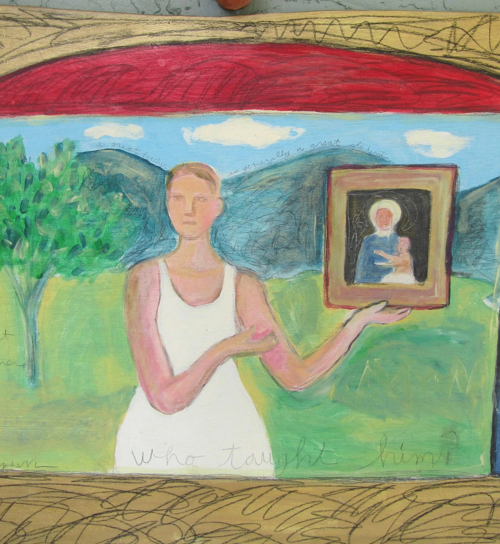 1980s Karin Campfens Folk Art Painting on Wood Woman Holding Portrait of Virgin Mary and Child - 3