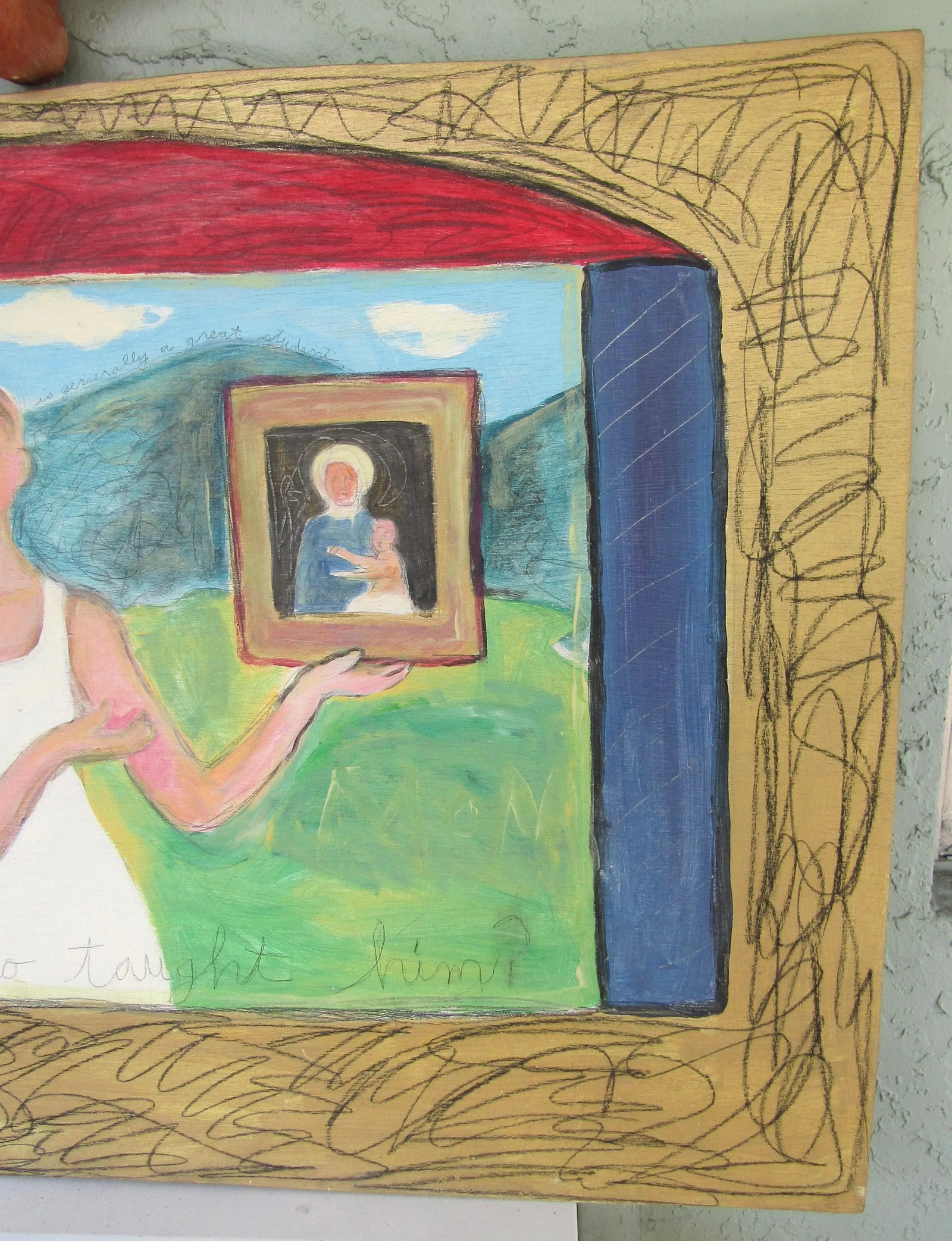 1980s Karin Campfens Folk Art Painting on Wood Woman Holding Portrait of Virgin Mary and Child - 5