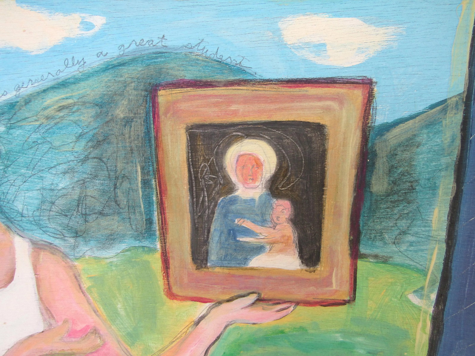 1980s Karin Campfens Folk Art Painting on Wood Woman Holding Portrait of Virgin Mary and Child - 6