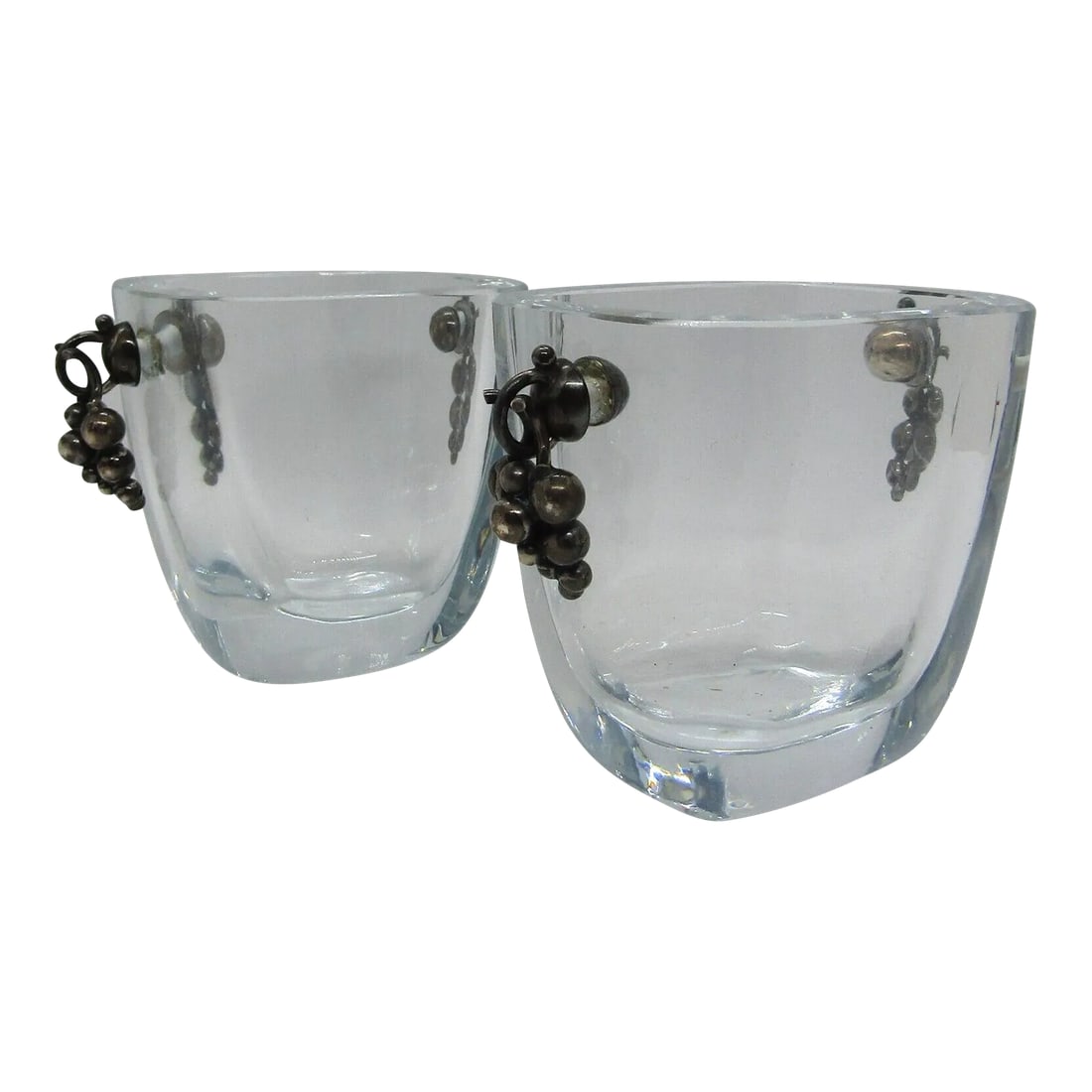 Pair Mid-Century Modern Strombergshyttan Danish Glass Vases Grape Cluster Handles: Pair of Mid-Century Modern Strombergshyttan Danish Glass Vases with Grape Cluster Handles Each measures 4 1/8" wide handle to handle, 2 3/4" deep and 3 1/8" tall. Condition: Alterations: Original