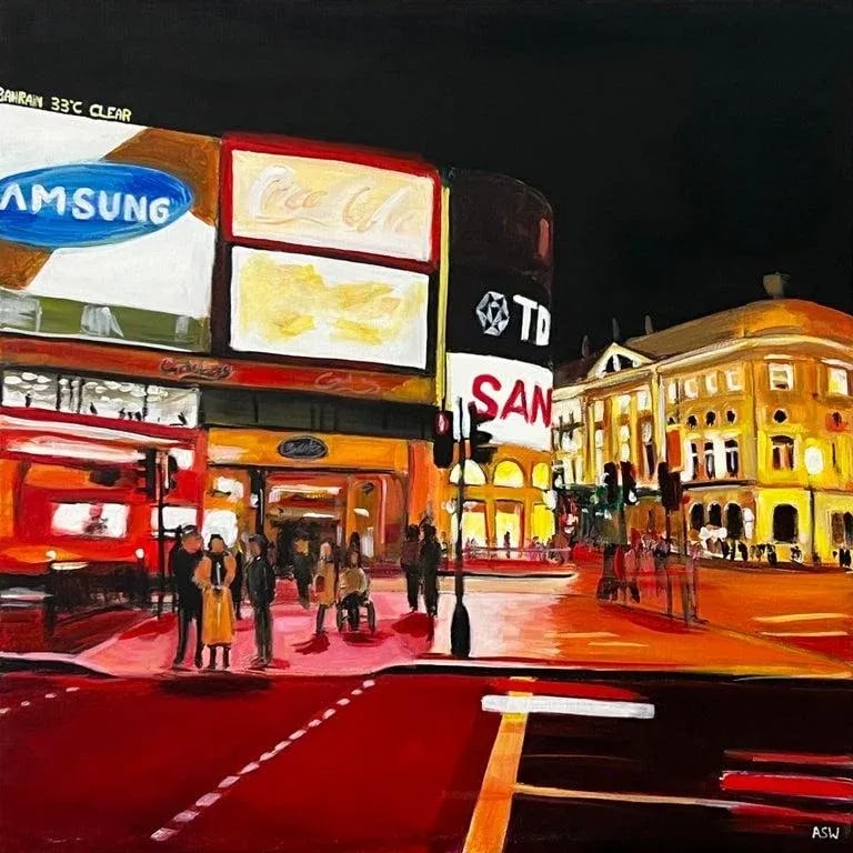 Piccadilly Circus in London City at Night With Red Bus by Urban Landscape Artist: Piccadilly Circus in the City of London at Night with a Red London Bus, by Contemporary Urban Landscape Artist, Angela Wakefield Art measures 24 x 24 inches (unframed) High quality Italian box canvas 