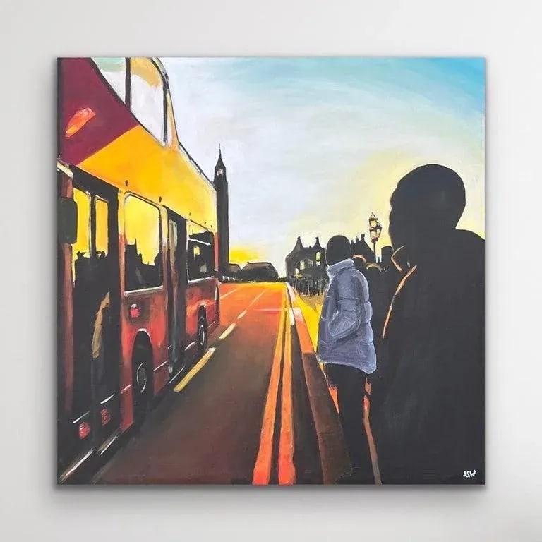 Westminster Sunset in London With Open Top Bus by British Urban Landscape Artist - 2