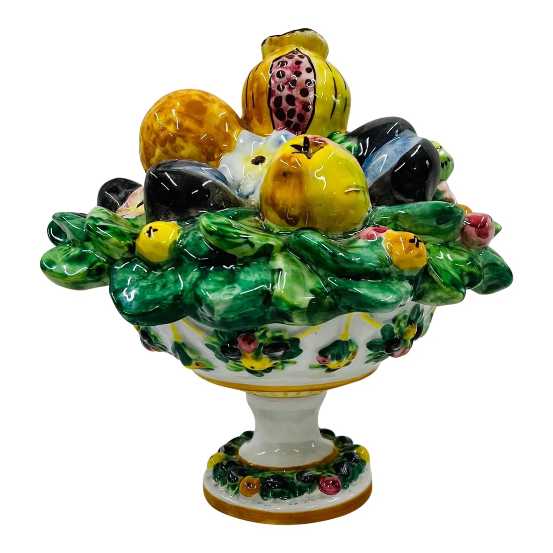 Mid Century Italian Fruit Topiary on Pedestal Bowl: Italian assorted fruit on green leaves lid sits atop a pedestal bowl decorated with garlands of fruit. Marked original creation Italy. Measures 9" diameter x 8.5" h. Condition: Alterations: Original
