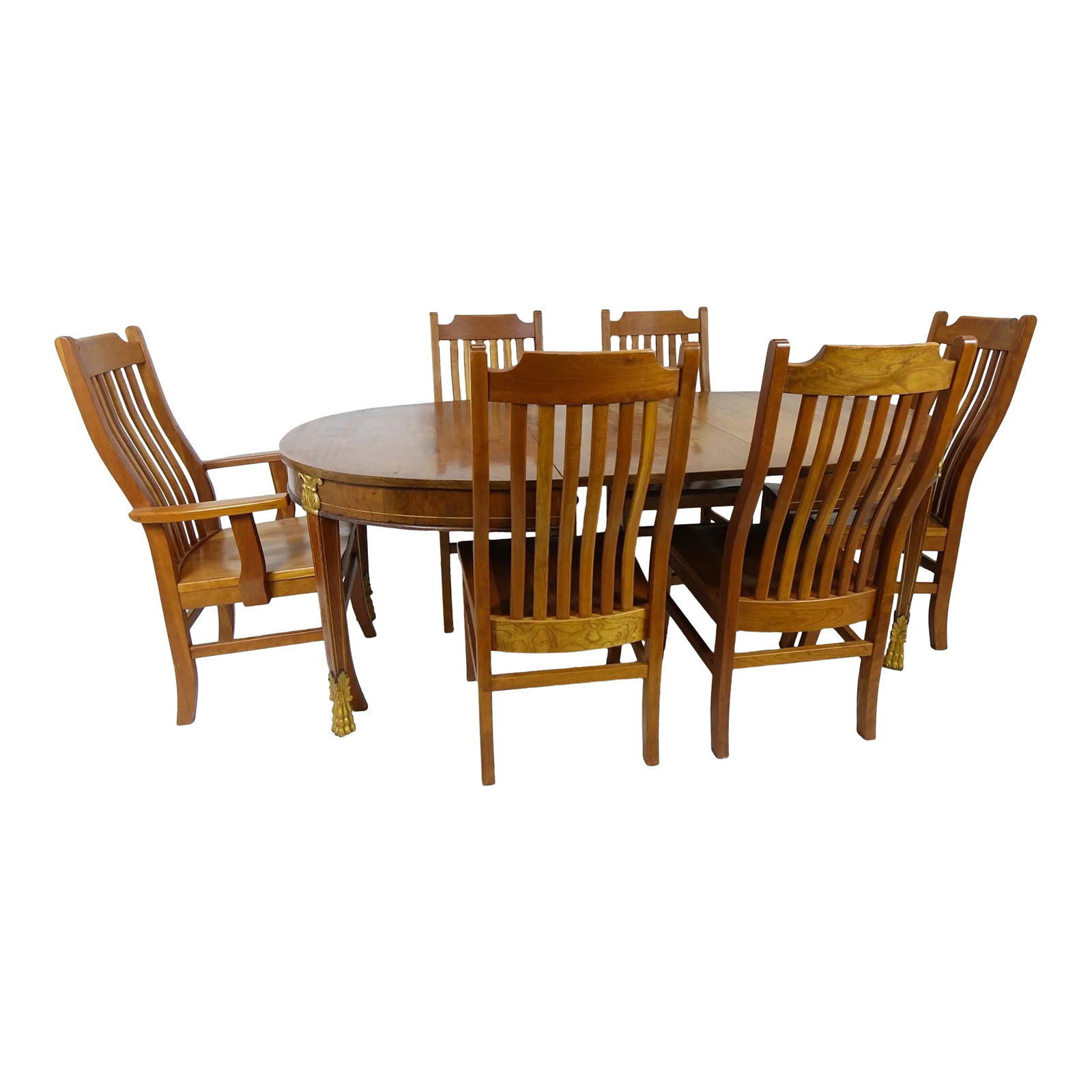 1960s Cherry Dining Room Set With 6 Chairs - 7 Pieces: Exquisite Cherry Dining-Room Set With 6 Chairs (55.25" x 47.5" x 29.5") Decorative metal inlaid at top & base of table legs 2 Table leaves includes Condition: Alterations: Unknown Imperfections: Some 