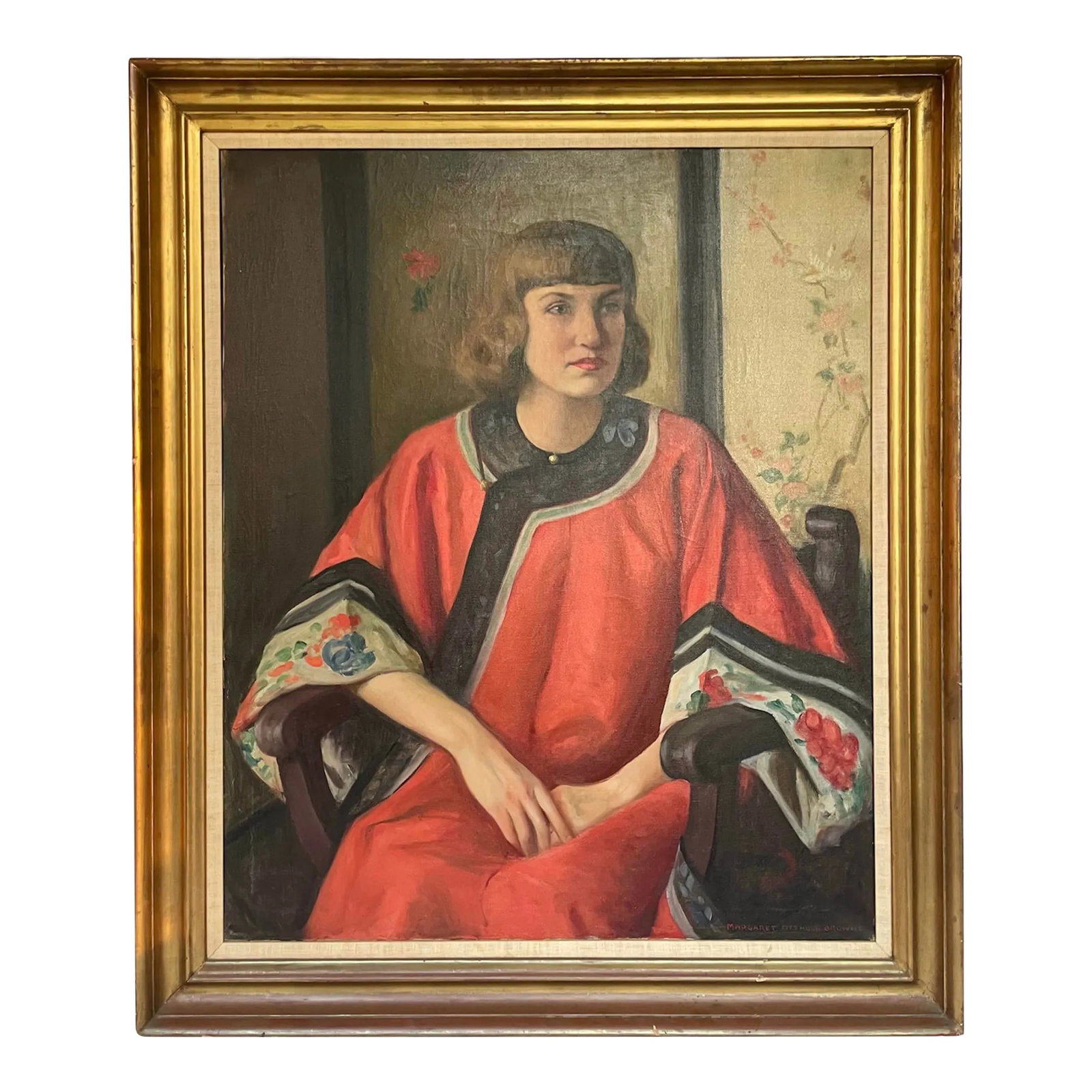 "The Mandarin Robe" Portrait Oil Painting on Canvas by Margaret Fitzhugh Browne, Circa 1920: A captivating portrait by celebrated Boston artist Margaret Fitzhugh Browne (1884-1972), largely known for her depictions of socialites of the early 20th century. This large oil on canvas features an